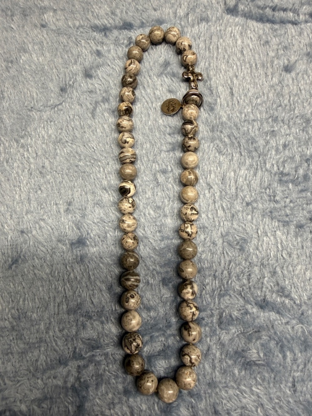 Gray and Cream Beaded Women’s Necklace - Natural Stone Look - Picture 2 of 3